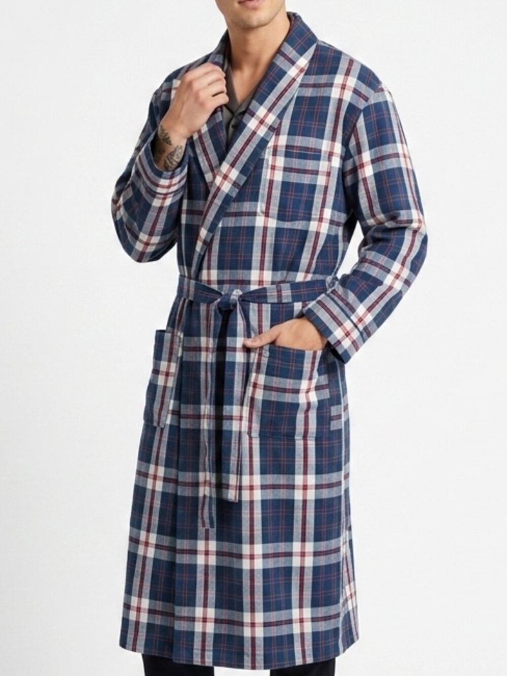 Vintage 70s SEARS Blue Plaid Cotton Blend Belted Robe Med Tall